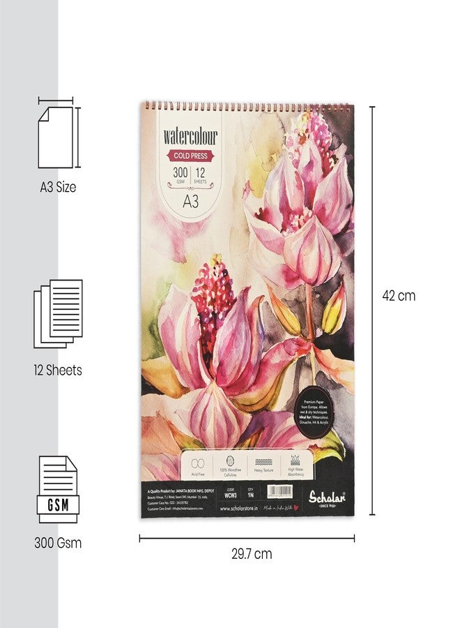 Scholar Watercolor Pad - 300 GSM Cold Pressed Acid Free Paper | Wire-O Bound Artist Pad Suitable for Watercolor, Gouache, Acrylic, Graphite, Pen & Ink (A3) (12 Sheets) - Image 2